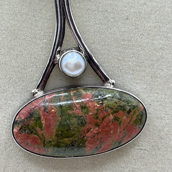 Vintage Large Green Orange Unakite Jasper Pearl Sterling Silver Necklace Pendant - Picture 10 of 13